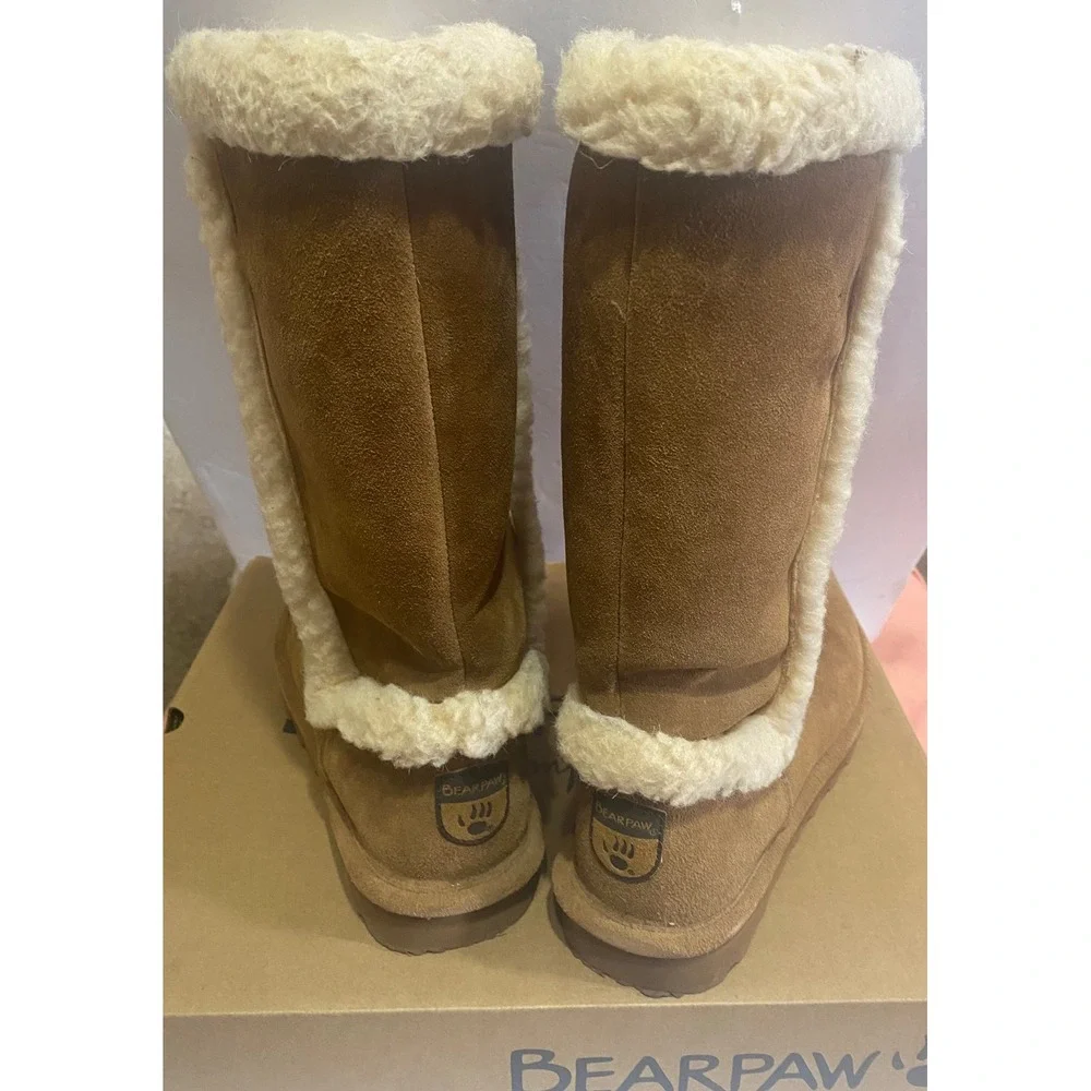 Bearpaw KendallTall Hickory Suede Fur Trim Winter Boots Brown Women's Size 8